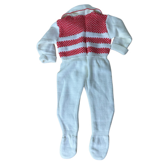 Vintage Baby Knit Coverall White Red Romper Footed Acrylic Japan 1970s Infant - Picture 2 of 5
